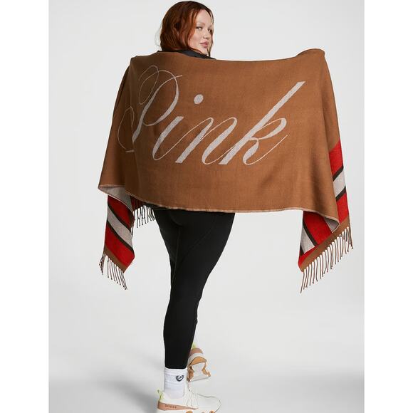 PINK Victoria's Secret Accessories - Victoria's Secret PINK Blanket Scarf Red Camel Brown Plaid Fringed Shawl Wrap